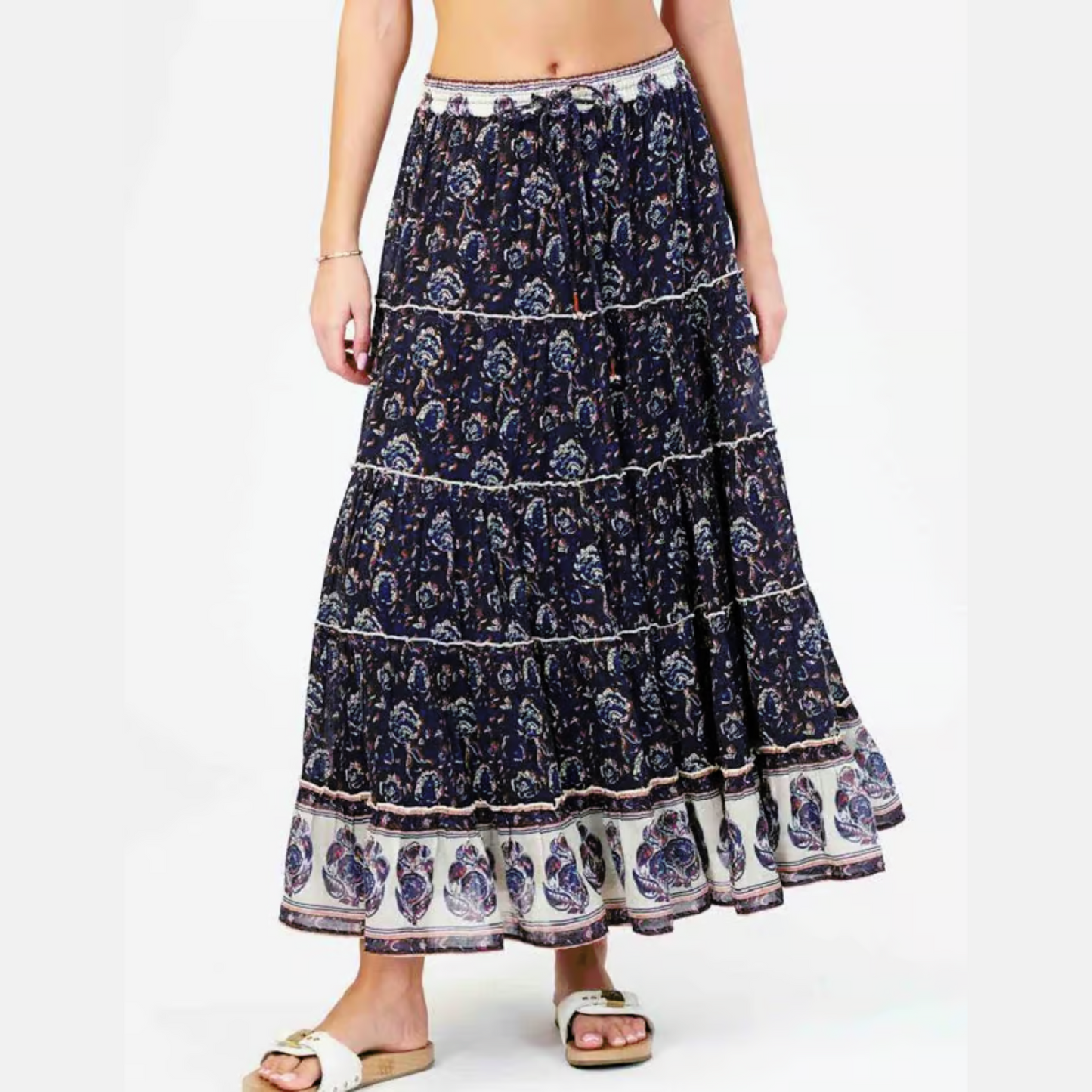 Front view of the Seren Printed Maxi Skirt by M.A.B.E., sold at Harbour Thread