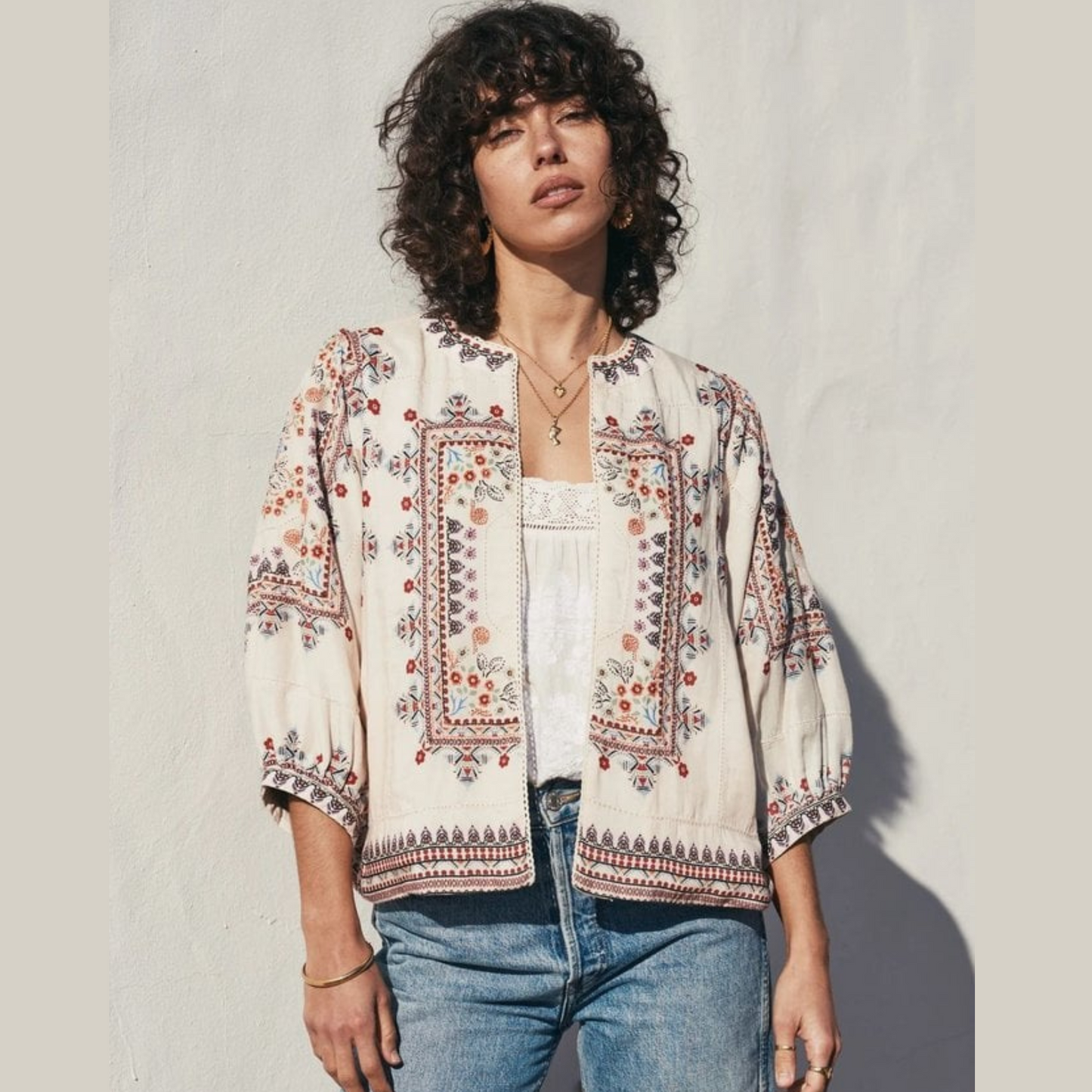 Woman wearing the Eden Embroidered Print Jacket by M.A.B.E.