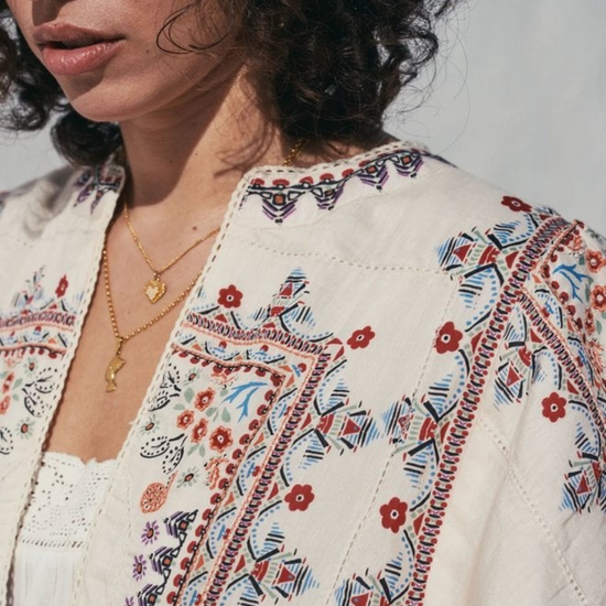 Front detail view of the Eden Embroidered Print Jacket by M.A.B.E.