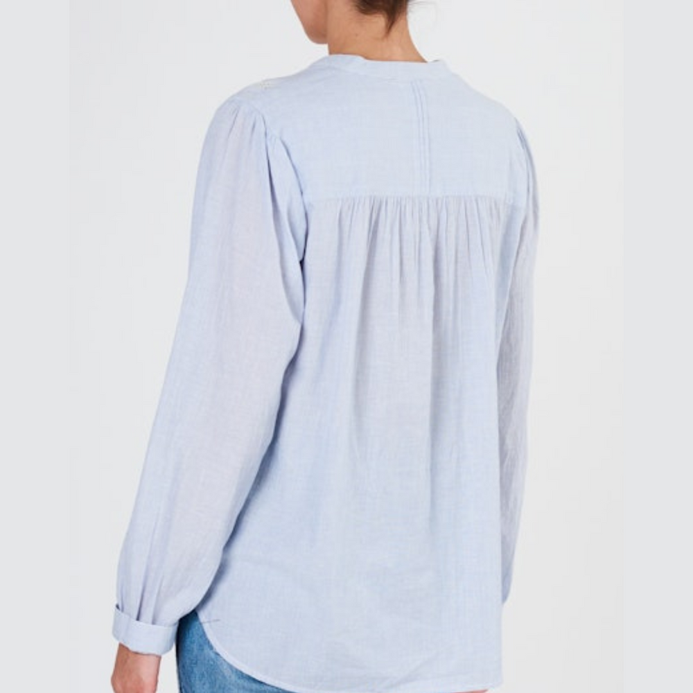 Back view of the Light Blue Adley Long Sleeve Top by M.A.B.E.