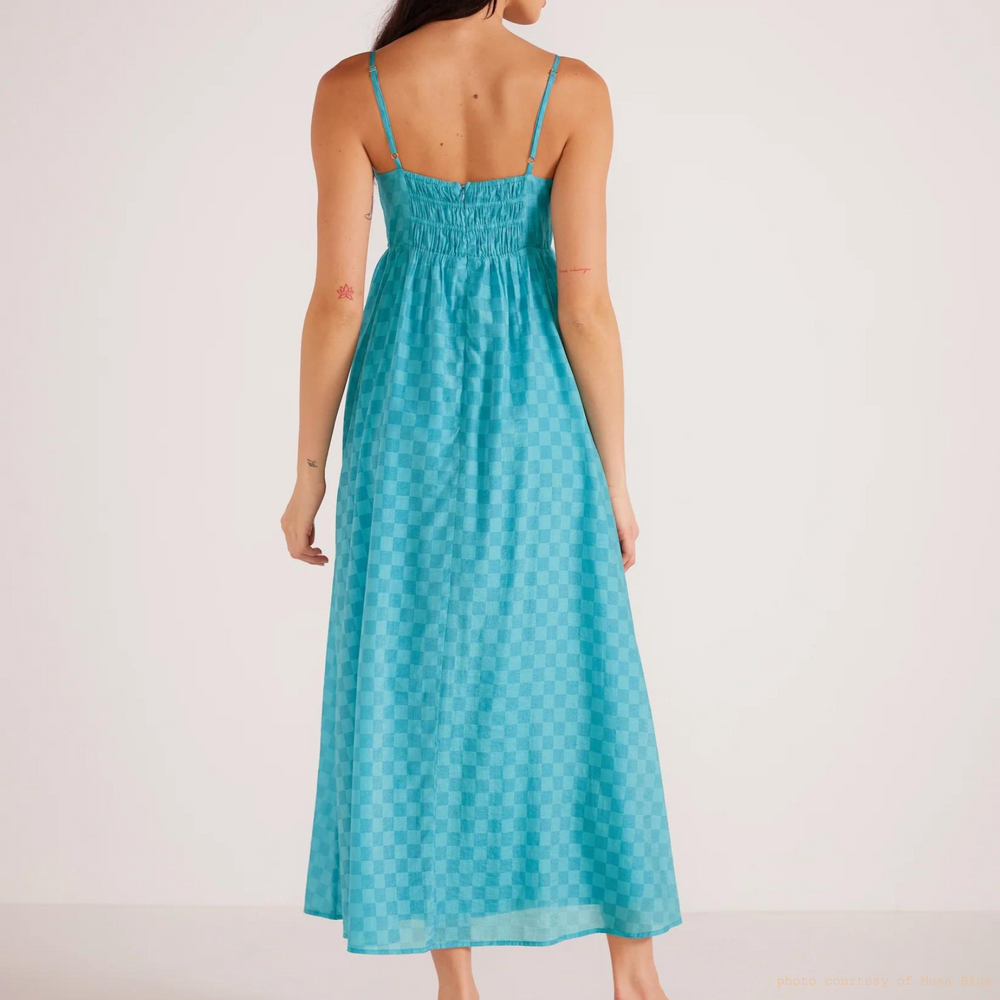 Back view of the MINKPINK Lucille Strappy Maxi Dress in the color Teal