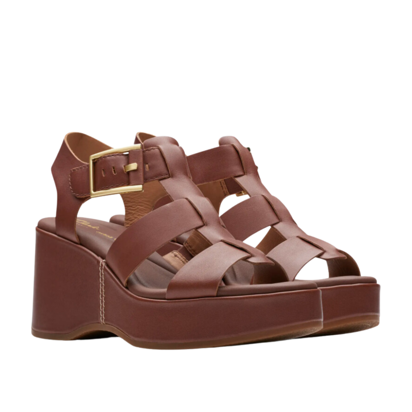 The tan leather Manon Cove Wedge Sandals from Clarks