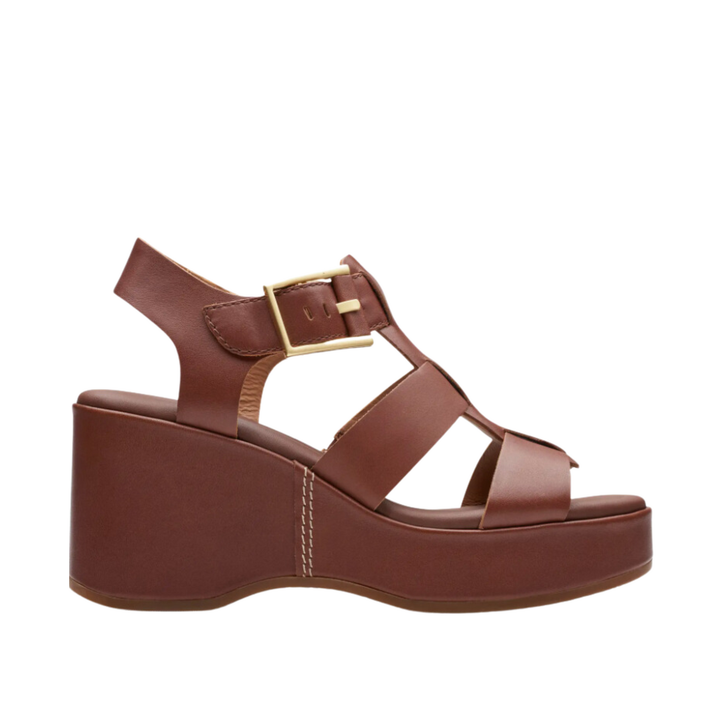 Side view of the  tan leather Manon Cove Wedge Sandals from Clarks