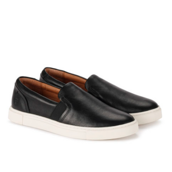 A pair of black leather slip on sneakers by Frye