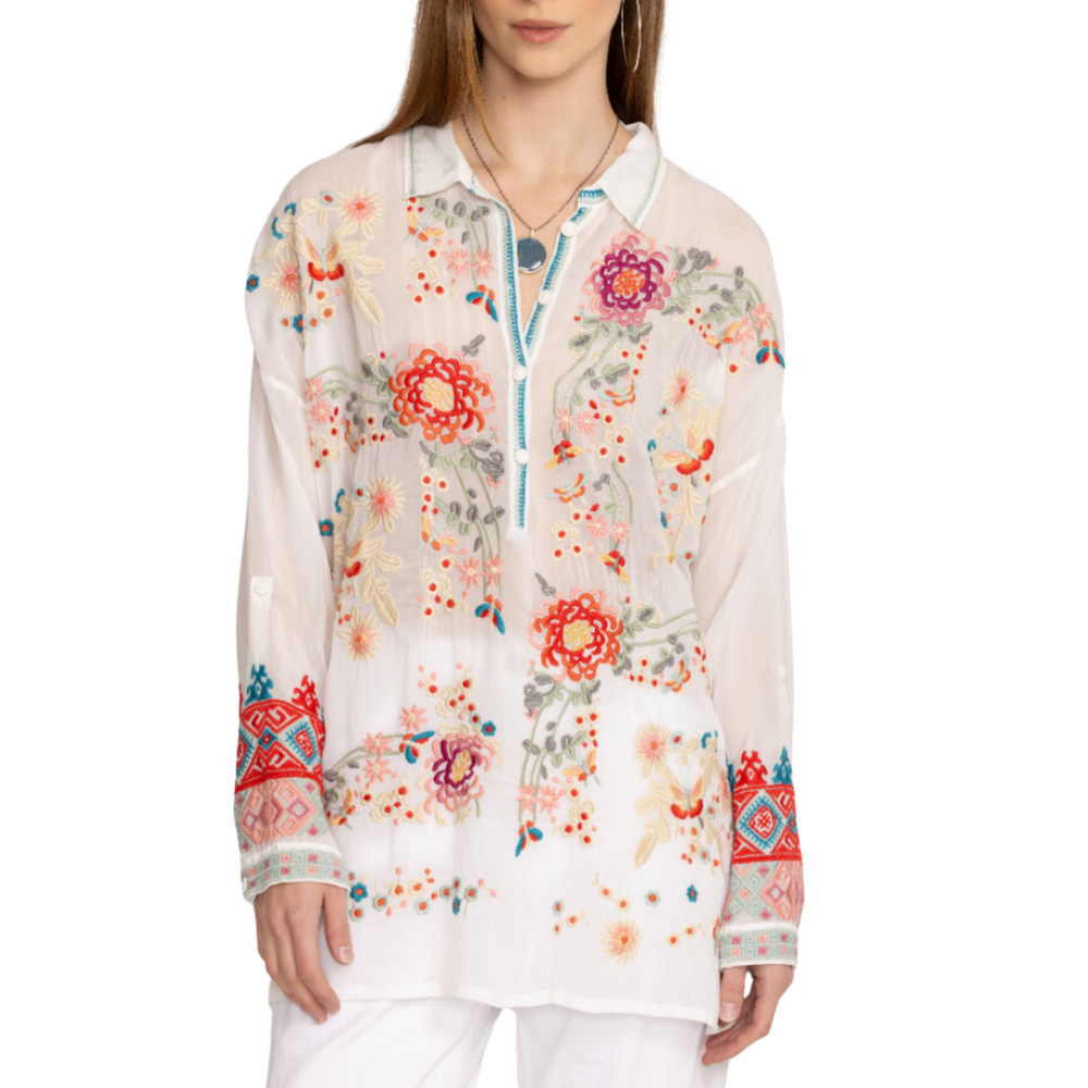 Front view of woman wearing the semi-sheer embroidered Adrina Tunic by Johnny Was