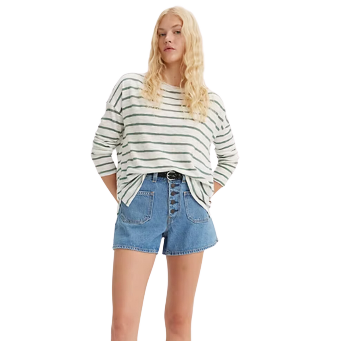 Load image into Gallery viewer, Front view of woman wearing the medium wash 80&amp;#39;s Mom Patch Pocket denim shorts
