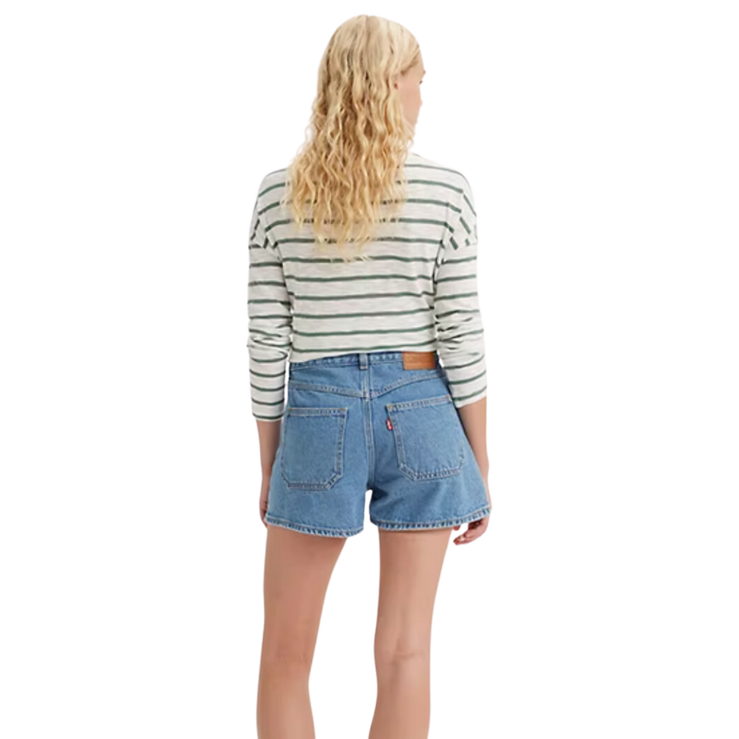 Back view of woman wearing the medium wash 80's Mom Patch Pocket denim shorts
