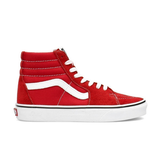Side profile view of the Vans Sk8-Hi Sneakers in the colors Racing Red and True White