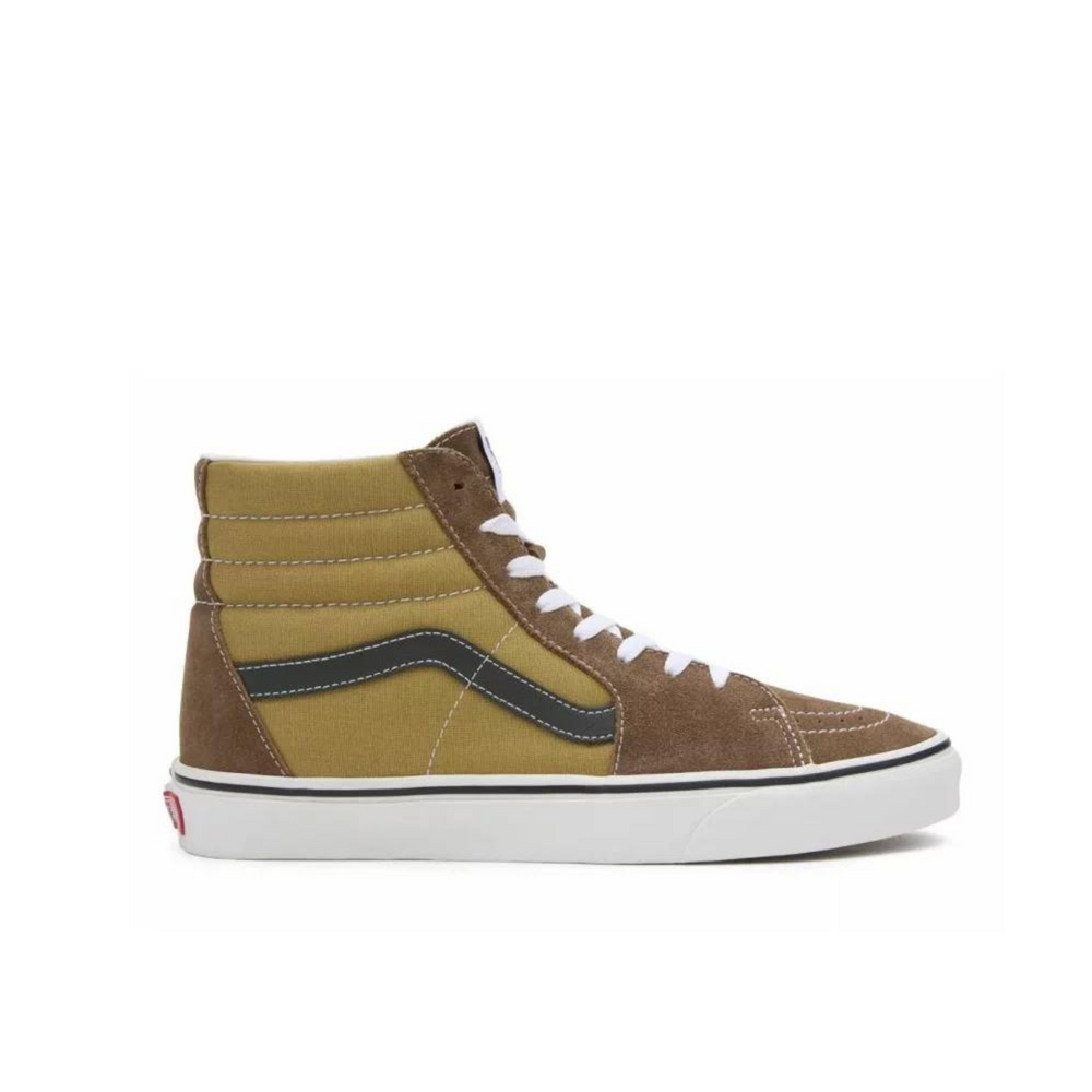 
                      
                        Side profile view of the Vans Men's Sk8-Hi Canvas Suede Sneaker in the color Brown Multi
                      
                    