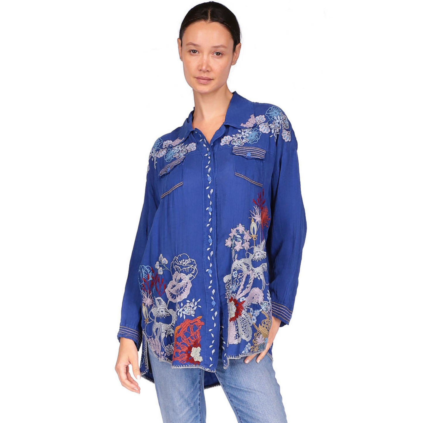 Front view of the blue Tocayu Tunic by Johnny Was