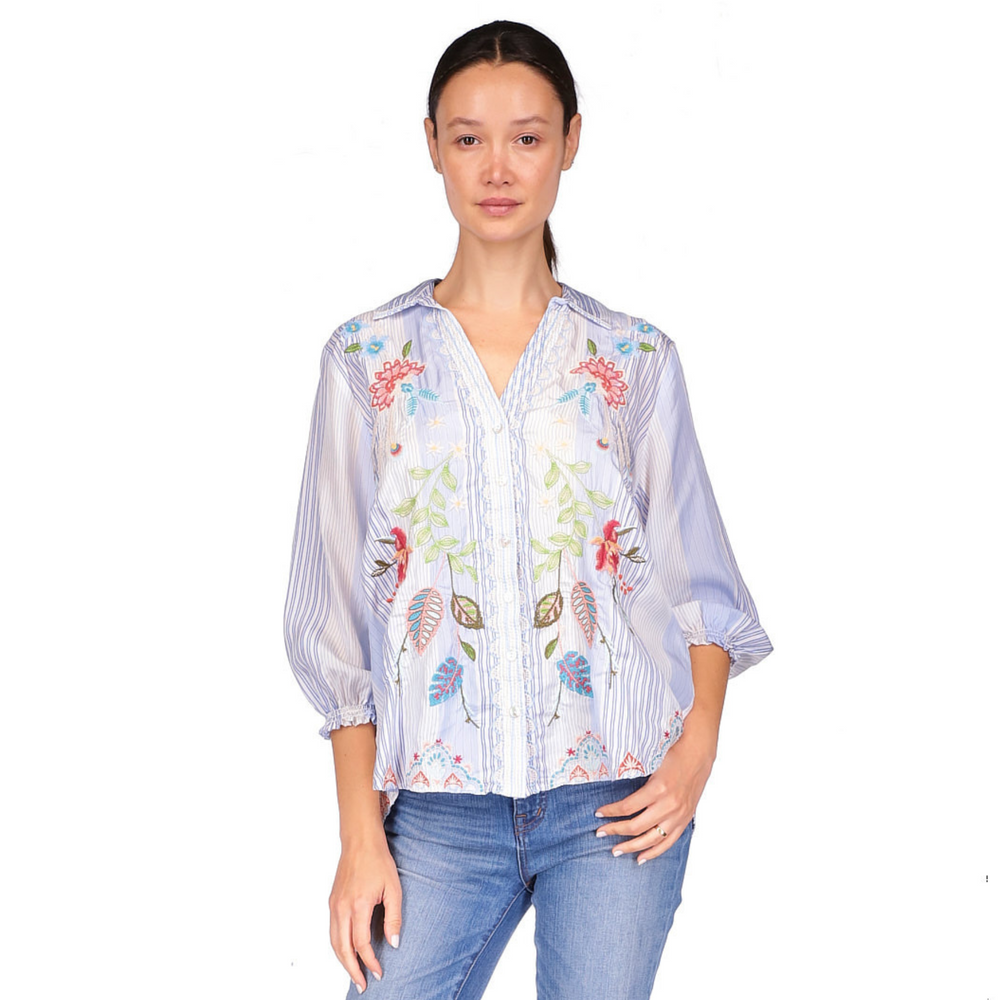 Front view of the Emika Relaxed Smocked Shirt by Johnny Was