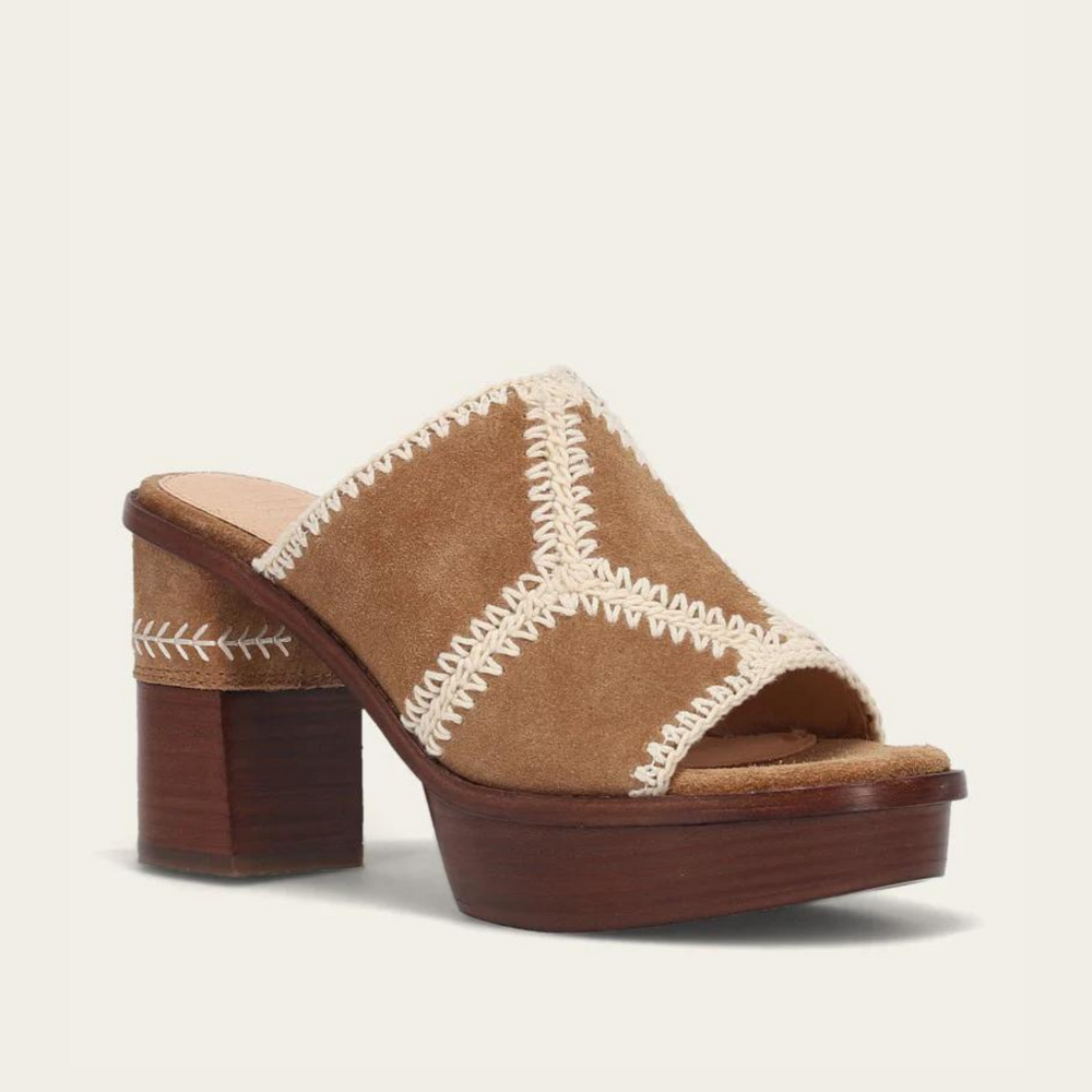 FRYE's Pipa Crochet Platform Sandal in the color Almond