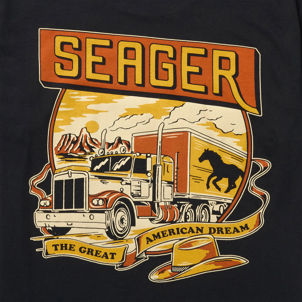 
                      
                        Print detail on the Black Trucking Tee by Seager
                      
                    