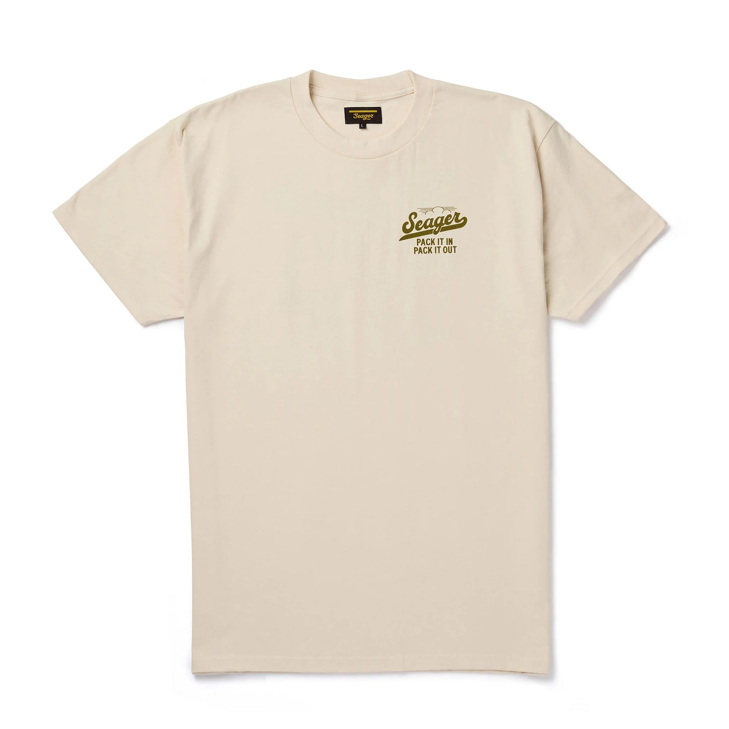 The short sleeve Papaw Men's Tee by Seager features a front chest logo graphic with a larger back graphic featuring a hiker. Shop now at Harbour Thread St. Pete in the Grand Central District. 