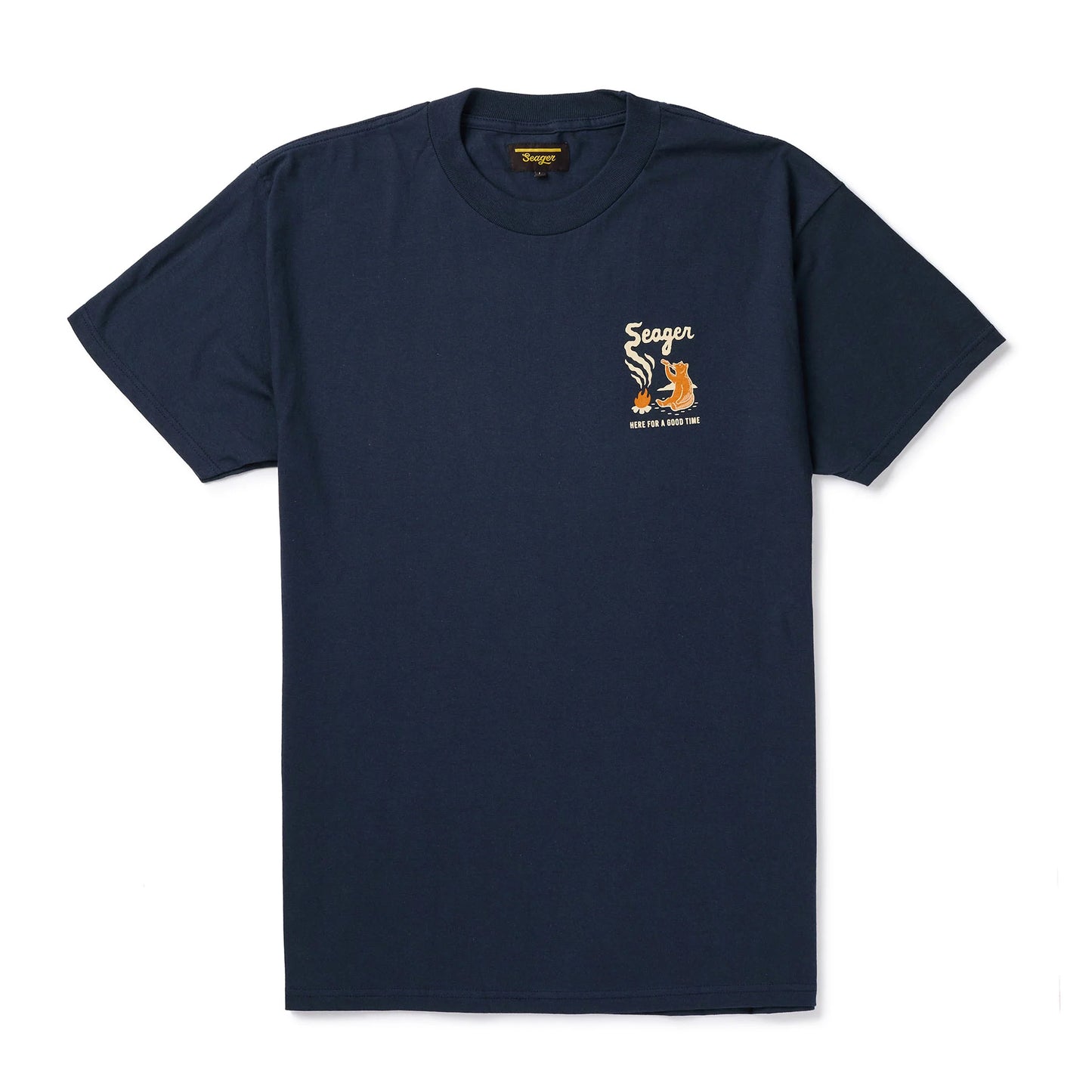 The front of Seager's Smokey Tee features a small chest graphic of a bear at a campfire and the phrase, "here for a good time"