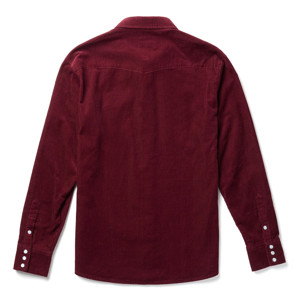 
                      
                        Back view of the Reagan Pearl Snap Corduroy Shirt in the color Vino by the brand Seager
                      
                    