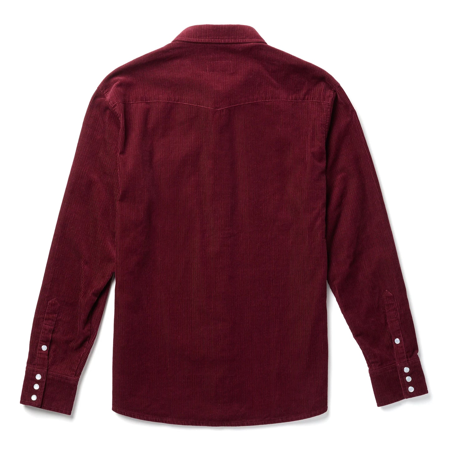 Back view of the Reagan Pearl Snap Corduroy Shirt in the color Vino by the brand Seager