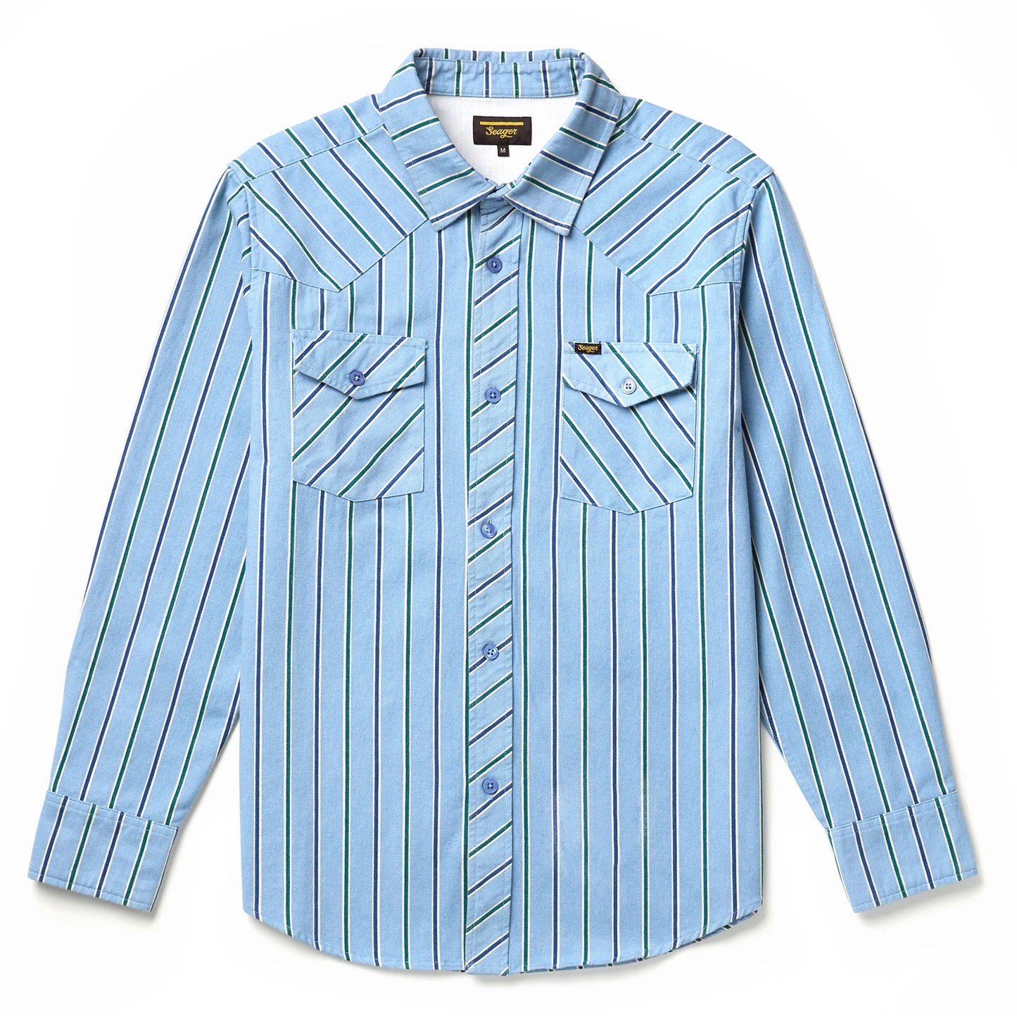 The Steel Blue Striped Amarillo Long Sleeve Button-Up Shirt from Seager, now available at Harbour Thread Burlington and Harbour Thread St. Pete.