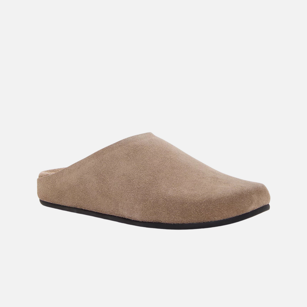 Jeffrey Campbell's CONTENT is a minimal mule slide in a light khaki suede