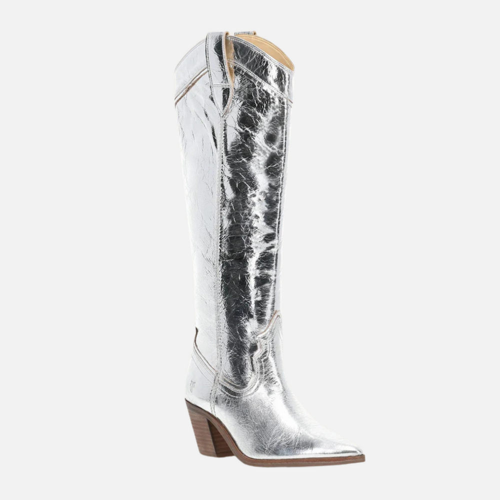 Step into stand-out style with the Sara Western Tall Silver Metallic Boot from Frye at Harbour Thread