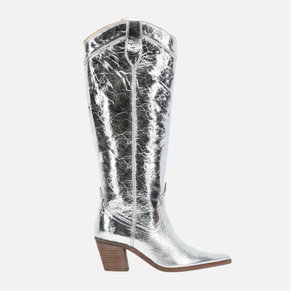 Women's silver metallic tall western-style boot from Frye