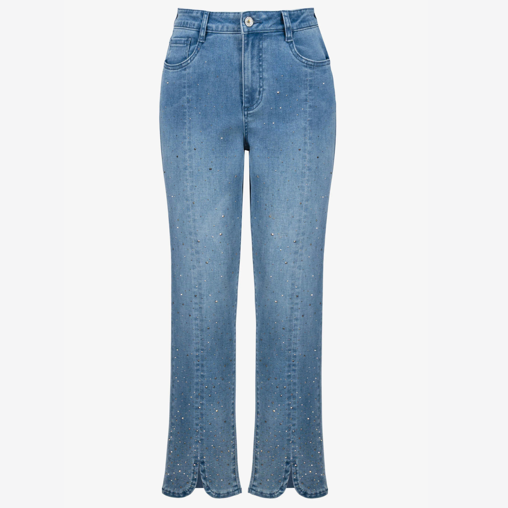 The Joseph Ribkoff Slim Leg Jeans With Rhinestone Detail in the color Denim Medium Blue