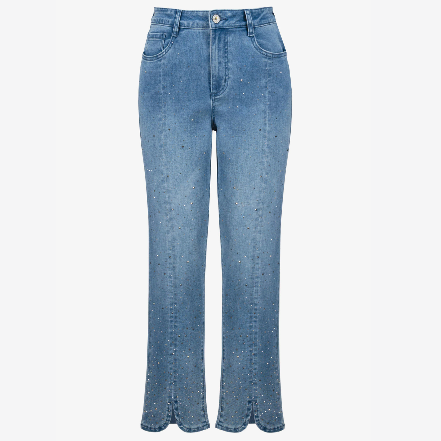 The Joseph Ribkoff Slim Leg Jeans With Rhinestone Detail in the color Denim Medium Blue