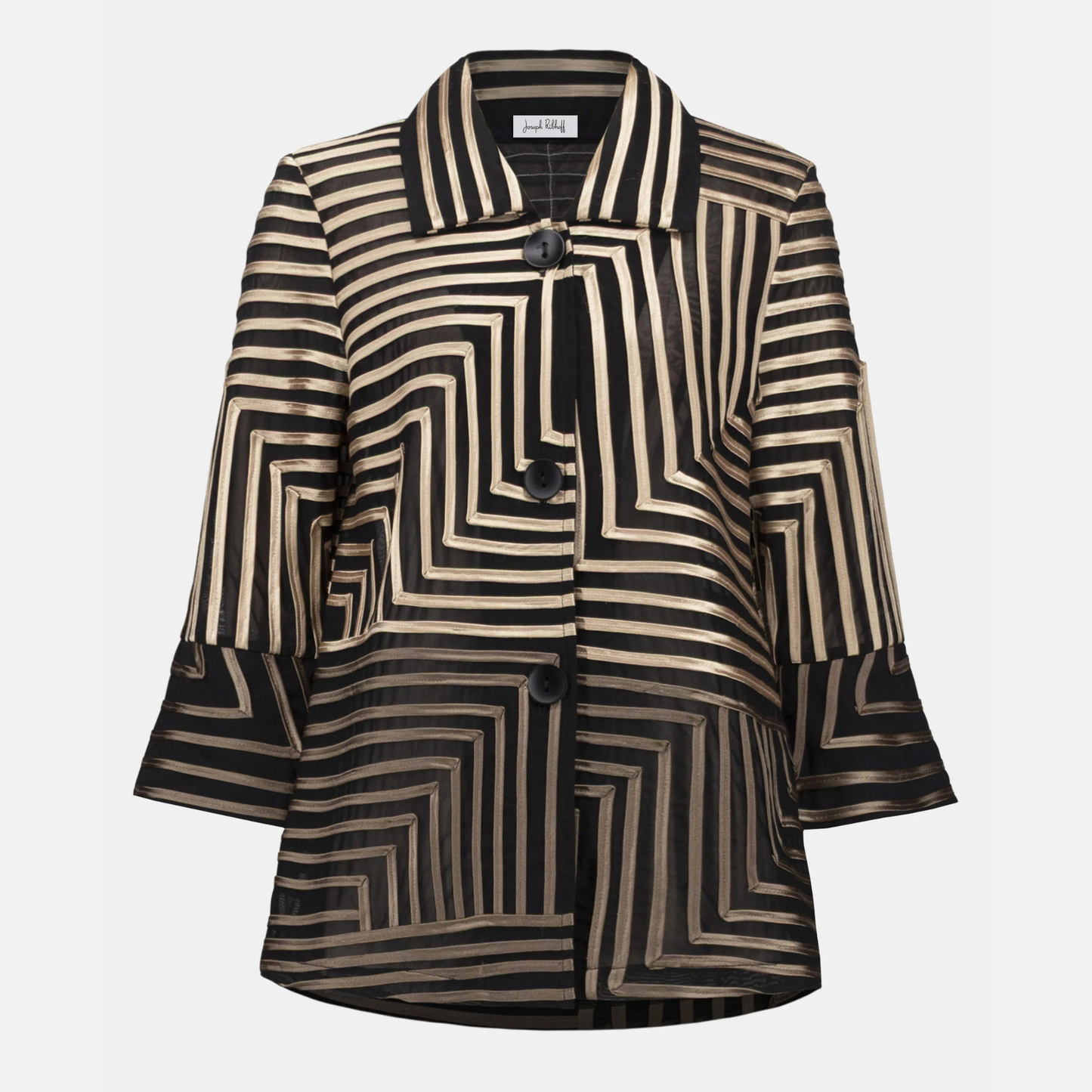The Joseph Ribkoff Satin And Mesh Abstract Print Jacket With Bell Sleeve