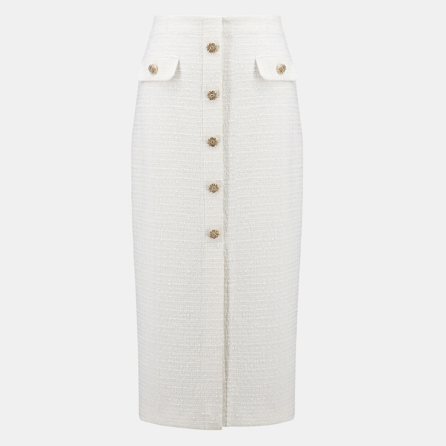 The Joseph Ribkoff Bouclé Pencil Skirt With Gold Buttons in the color Off-White