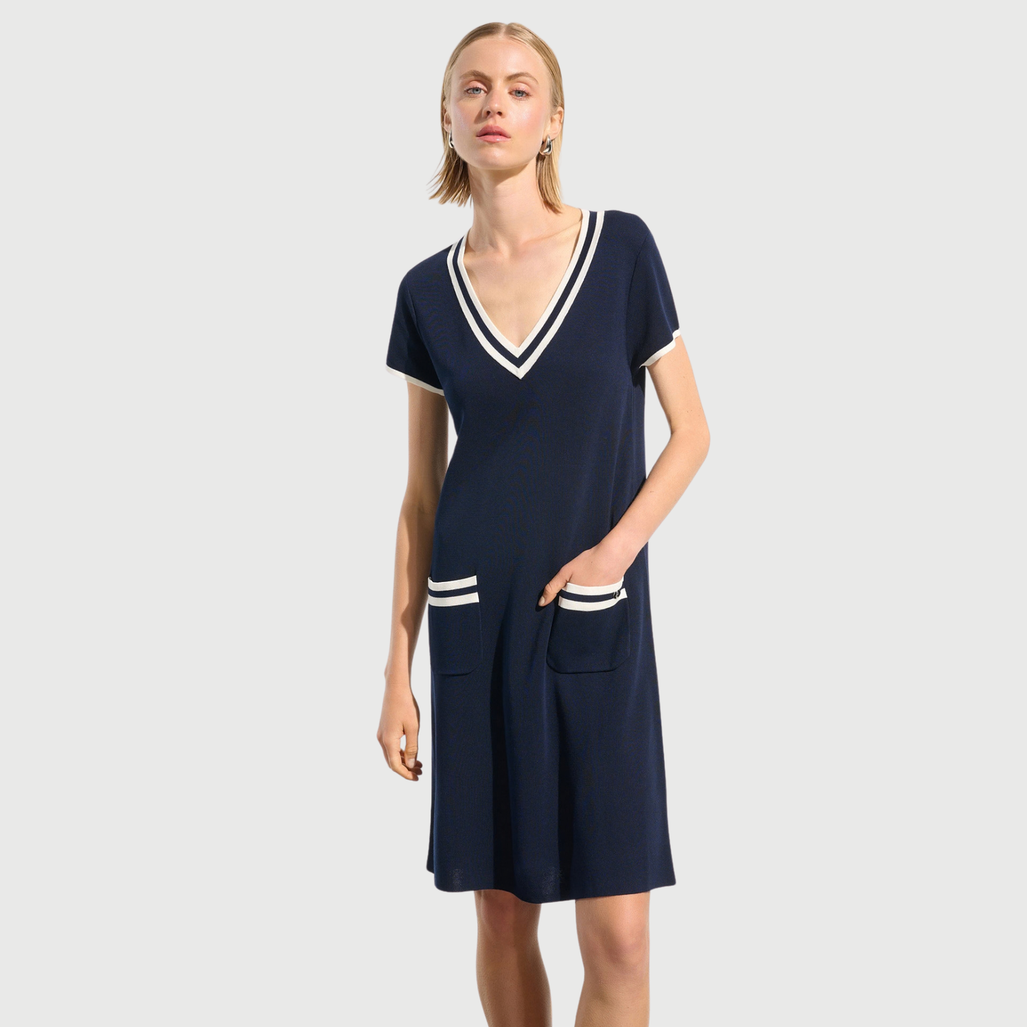 Joseph Ribkoff Viscose Knit A-Line Dress With Rib Trim in Indigo/Vanilla