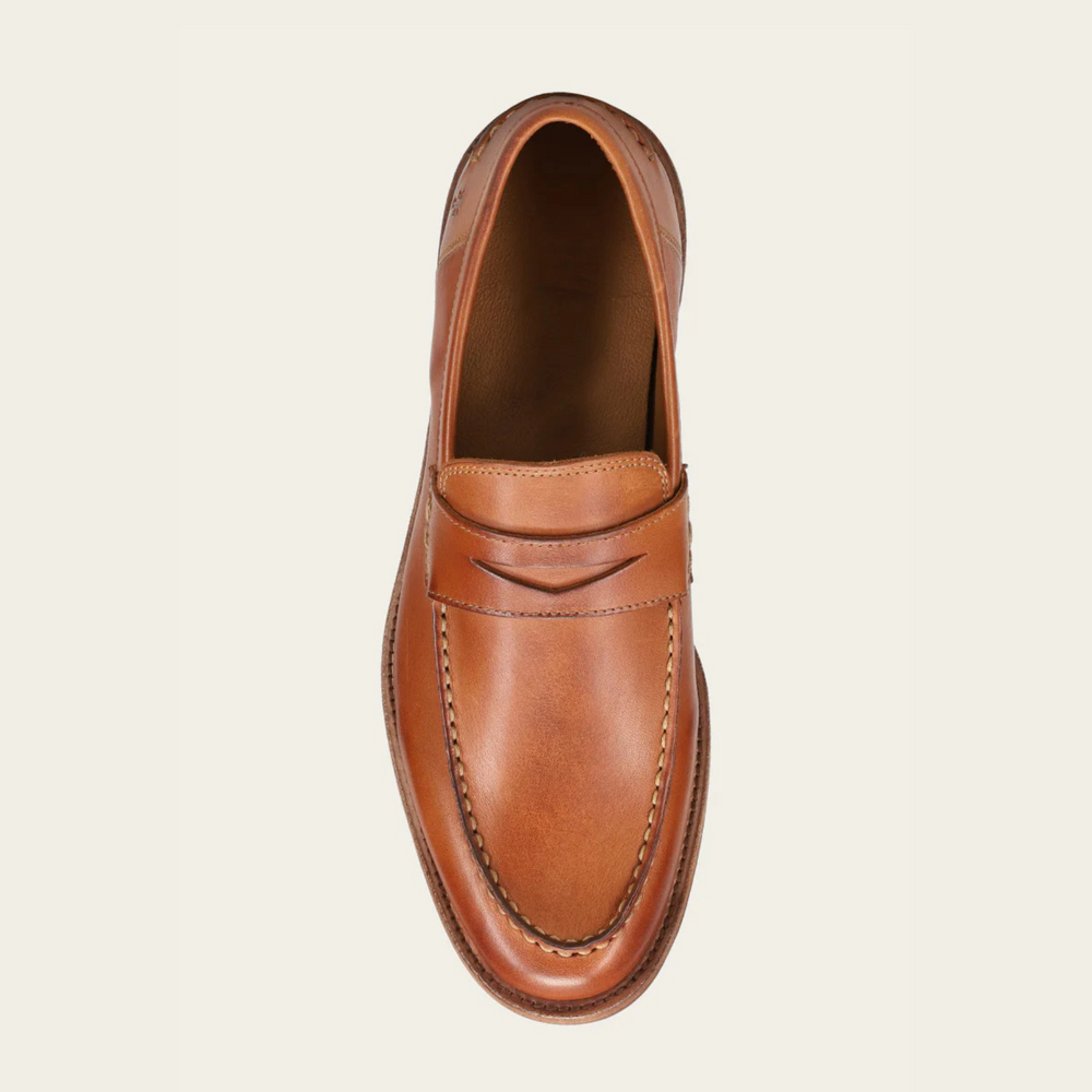 
                      
                        Brown leather loafer shoe on a beige background
                      
                    