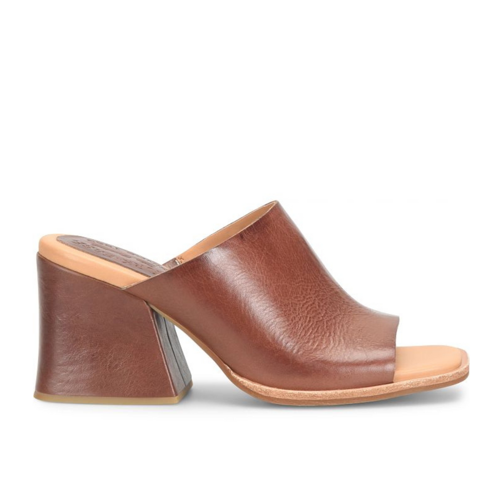 
                      
                        Tan leather slide sandal with block heel
                      
                    
