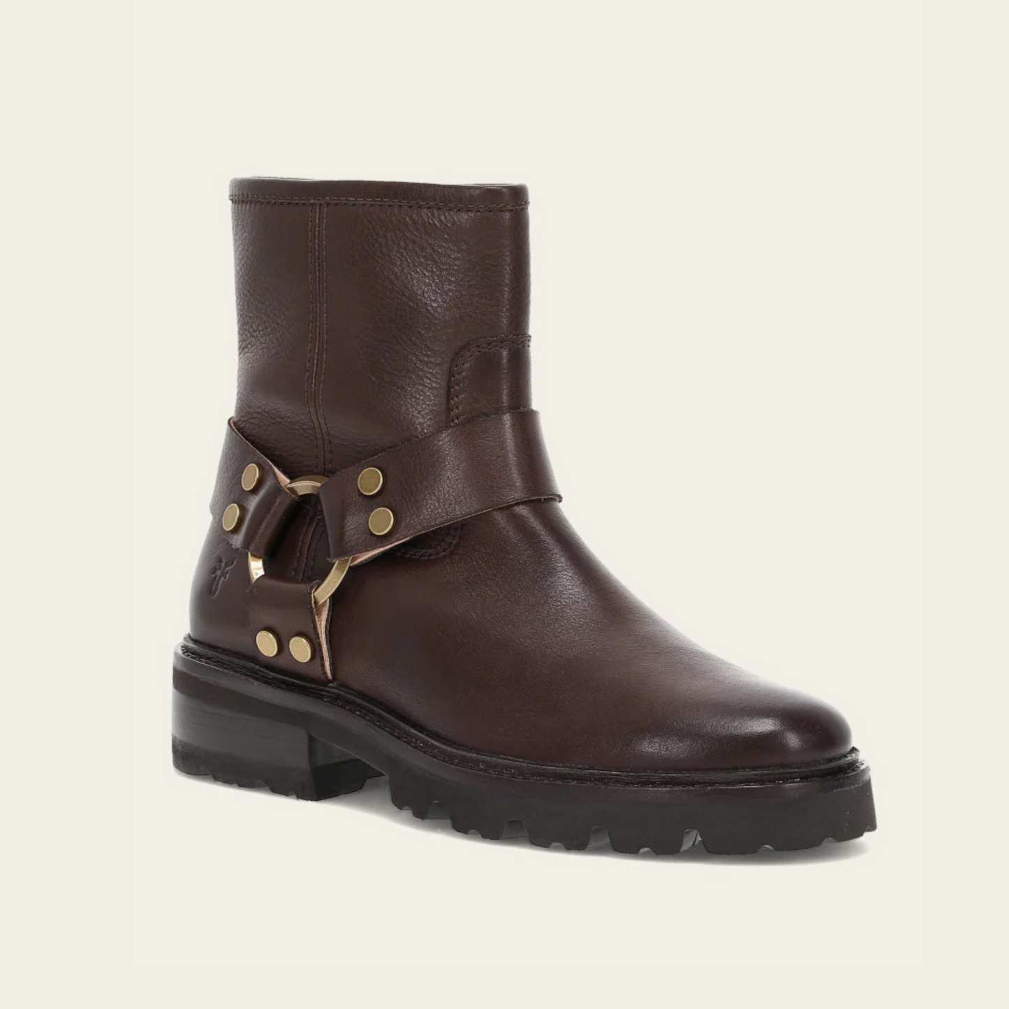 The FRYE Olivia Harness Short ankle boot in the color Chocolate