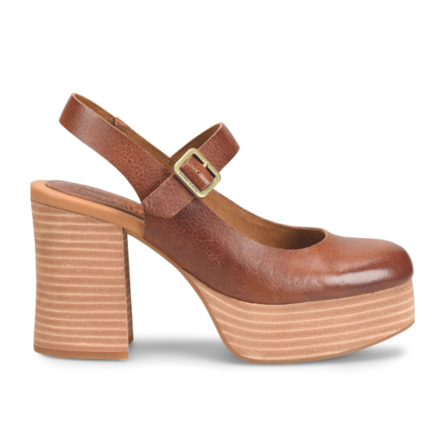 Side design detail on the Tan Leather Vanya Slingback by Kork-Ease with stacked heel