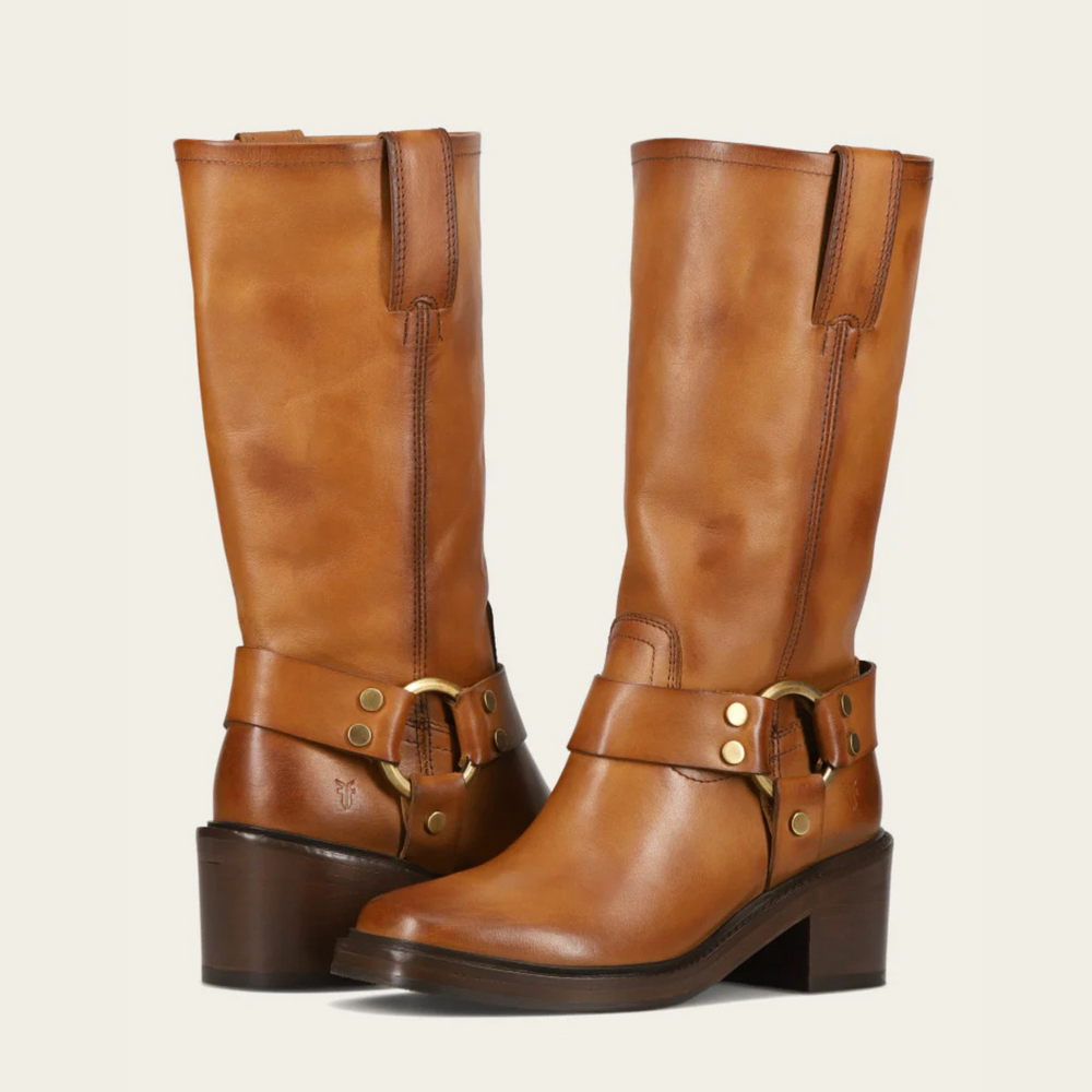 
                      
                        Pair of brown leather boots with buckles from Frye
                      
                    