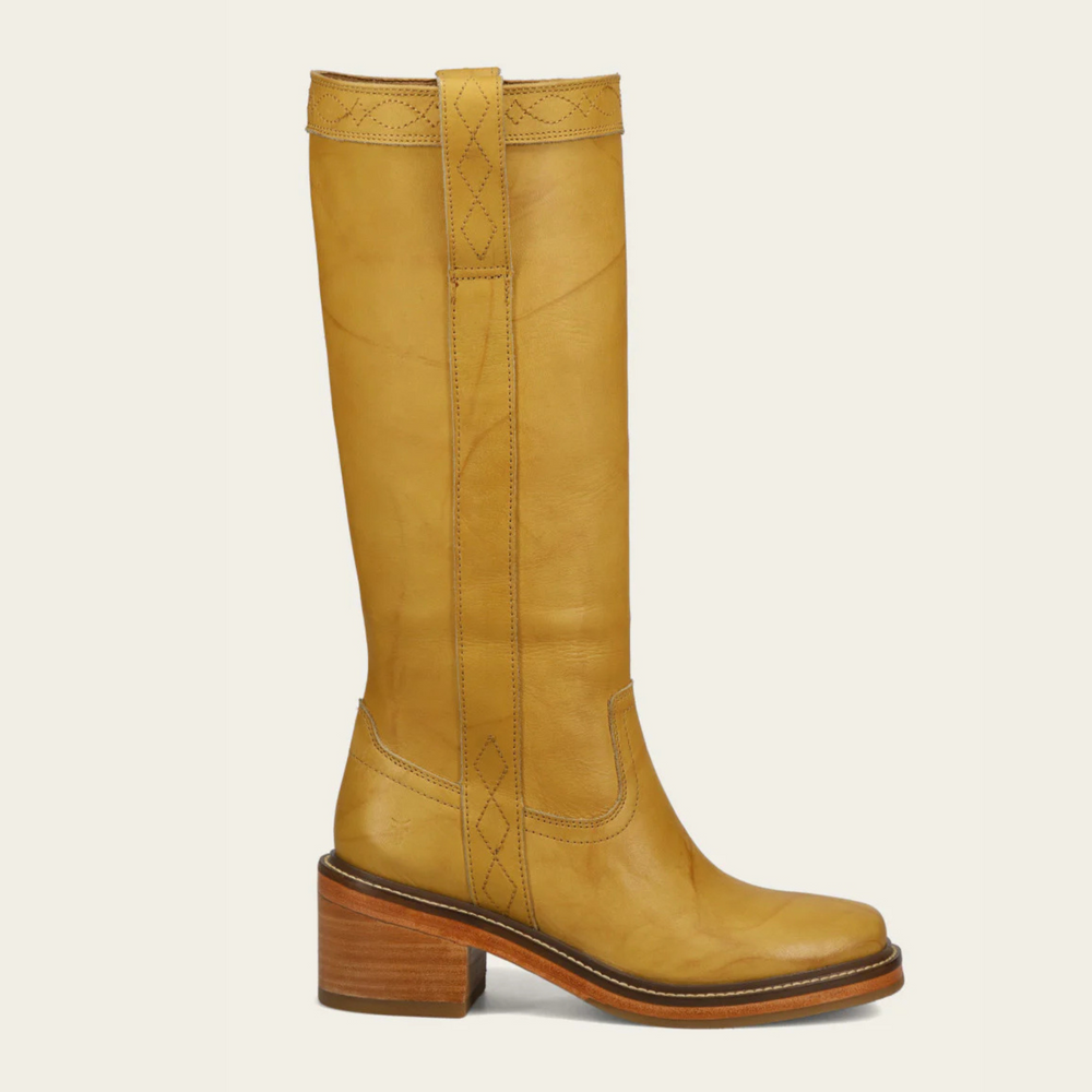 
                      
                        Yellow/Tan tall boot with a wooden heel from Frye
                      
                    