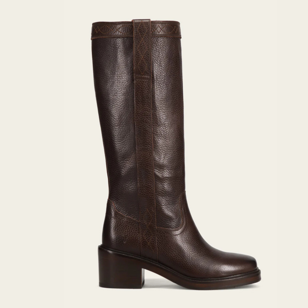 
                      
                        Dark brown leather tall boot with a wooden heel from Frye
                      
                    