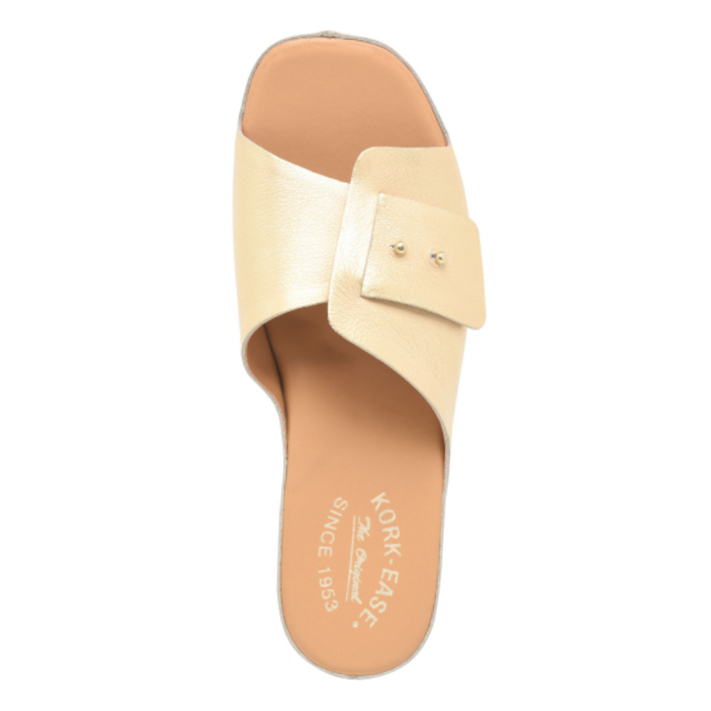 
                      
                        Gold sandal with Kork-Ease branding
                      
                    