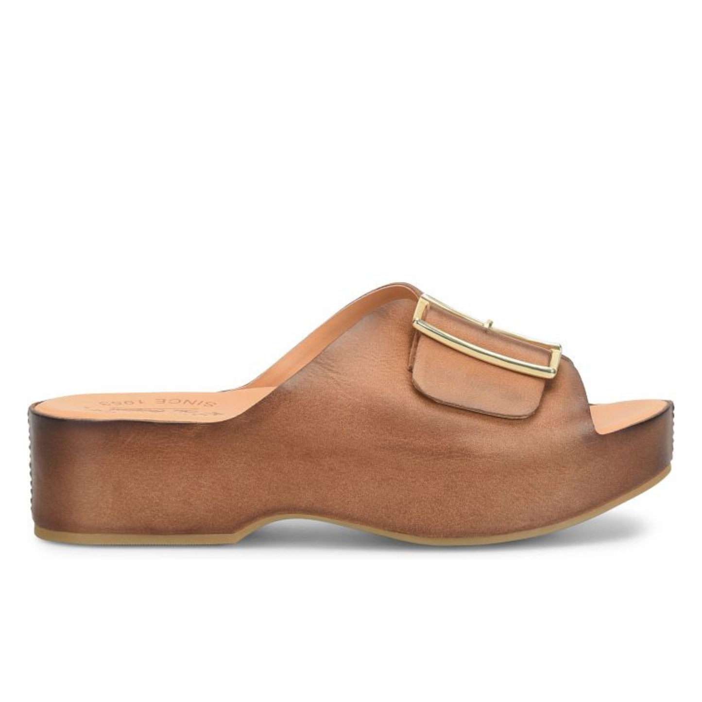 Women's brown flatform slide sandal with buckle accent