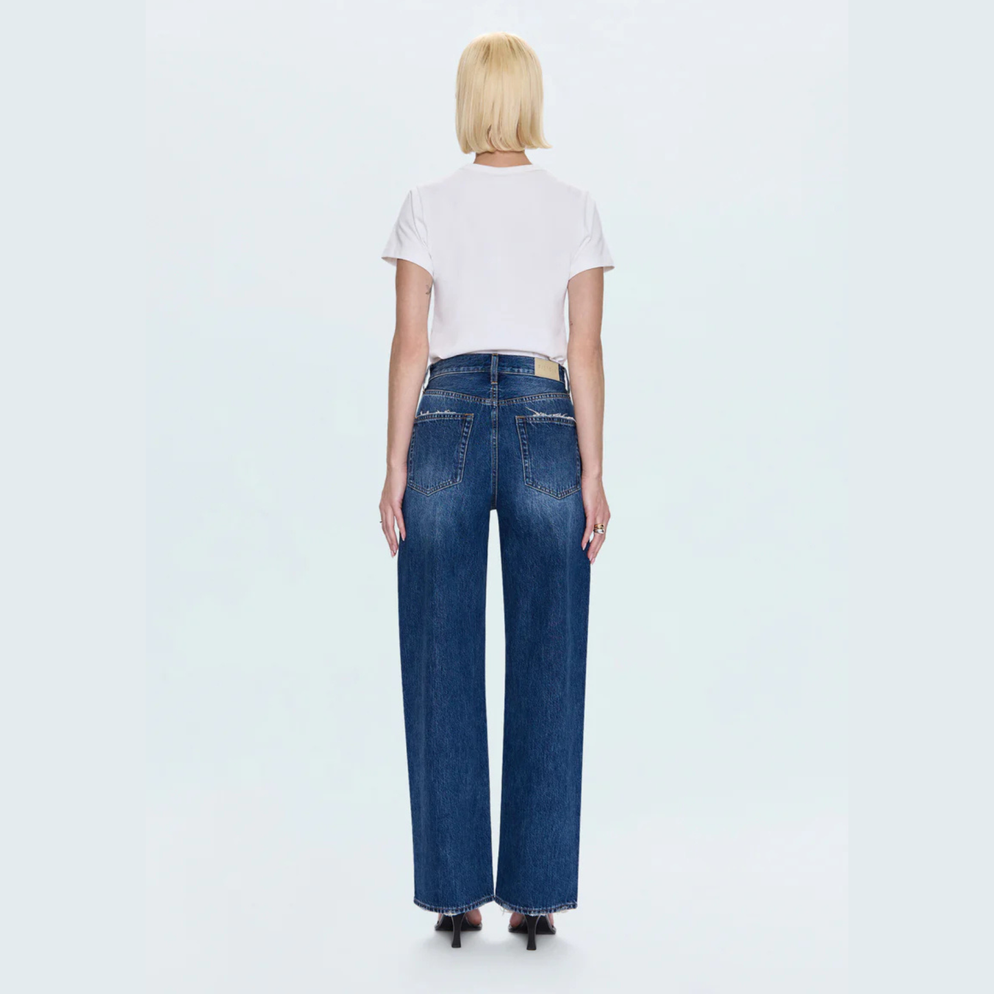 Woman wearing wide barrel leg jeans from Pistola