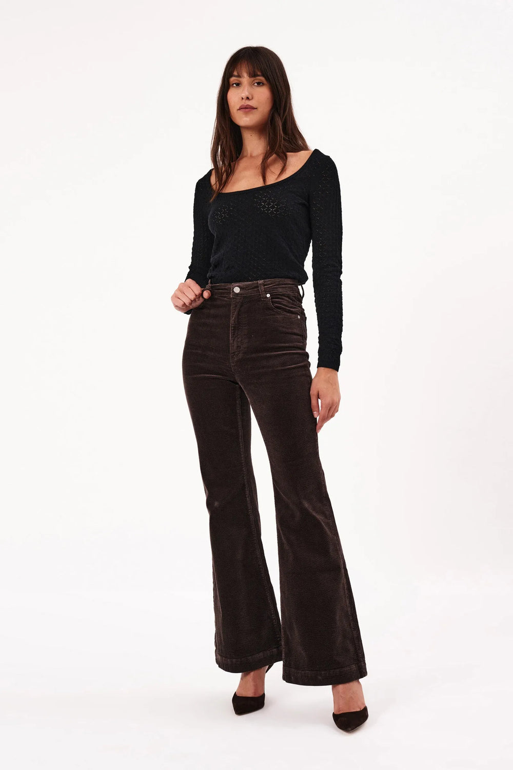 Front view of a woman wearing the Elm Cord Eastcoast Flares by Rolla’s