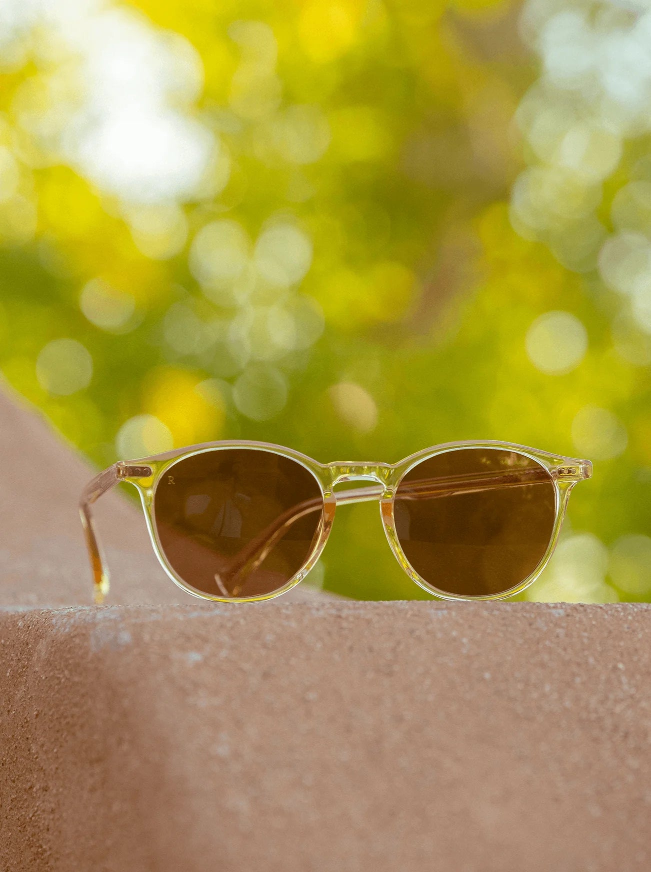 Pair of RAEN's Basq Round Sunglasses with Champagne Crystal frames and Suntan lenses.