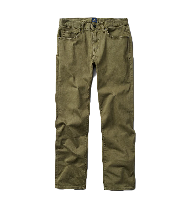 
                      
                        Front flat lay view of the dark green Hwy 128 5-pocket Denim by Roark
                      
                    