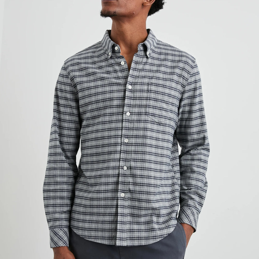 Front view of a man wearing the Reid Button Down Shirt by Rails