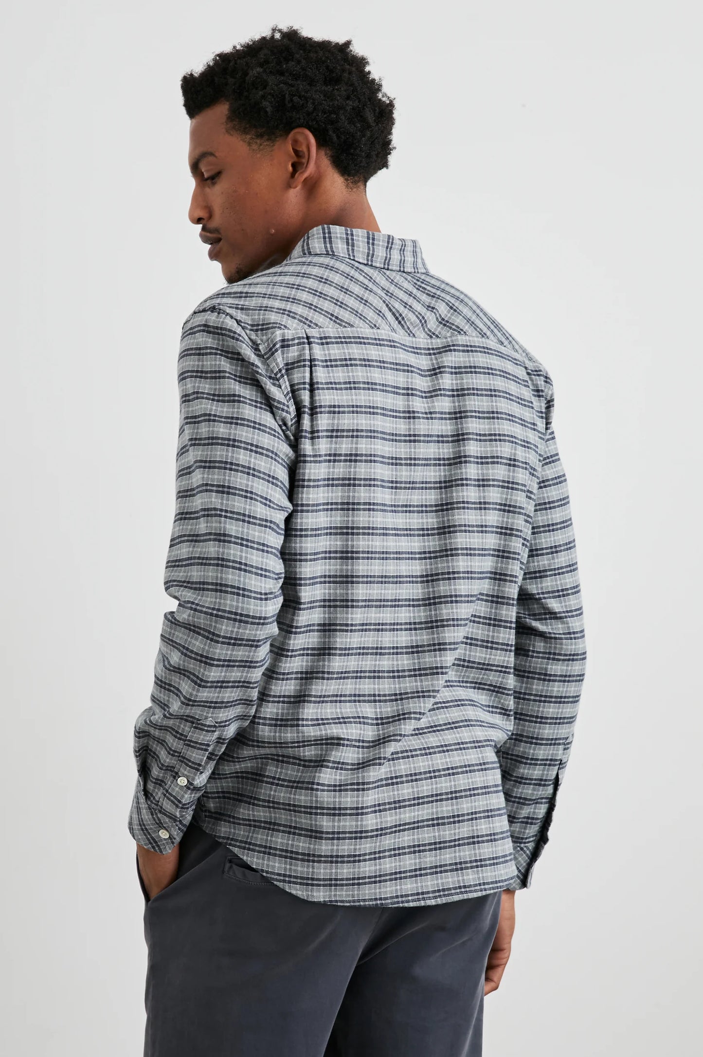 Back view of  man wearing the Reid Button Down Shirt by Rails