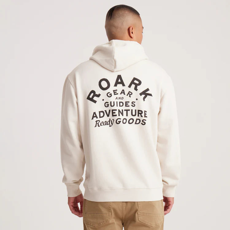 The Roark Gear And Guides Hoodie features a large back graphic featuring the Roark logo with "Gear and Guides Adventure Ready Goods"
