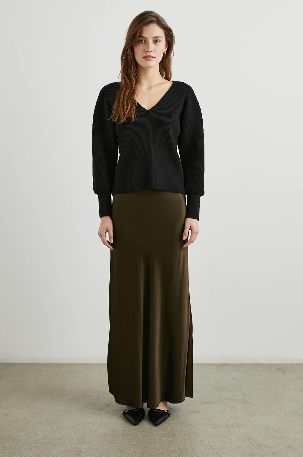 This gorgeous satin crepe skirt from Rails offers an effortlessly flattering silhouette you can dress up or down.