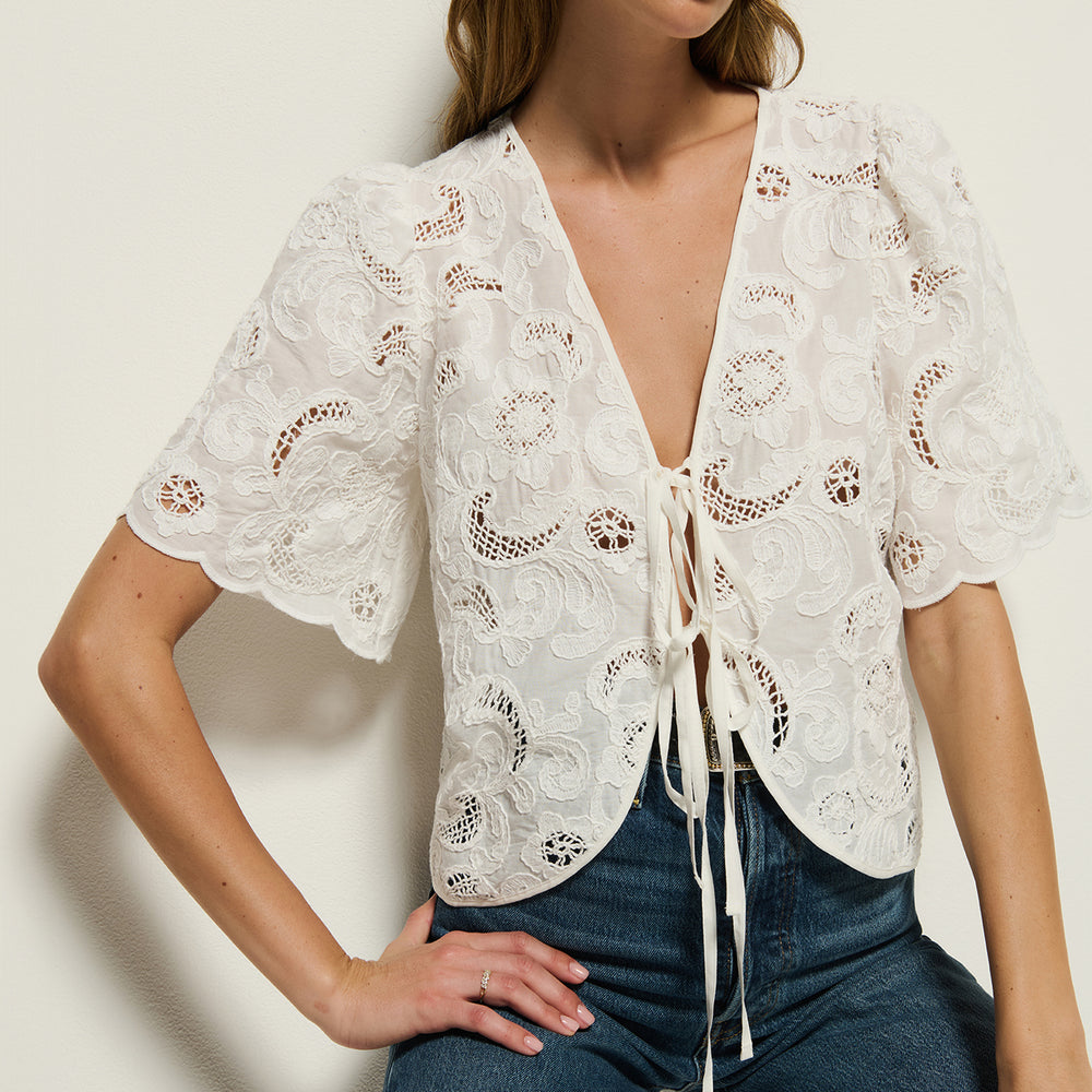 
                      
                        The Nation Rosalyn Tie Front Top is crafted 100% Cotton with a playful lace design. Shop this feminine top at Harbour Thread women's boutique in St. Pete, FL!
                      
                    