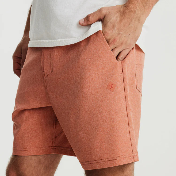 
                      
                        Side view of the Saffron REd 17" Hybro Hybrid Shorts by Roark
                      
                    