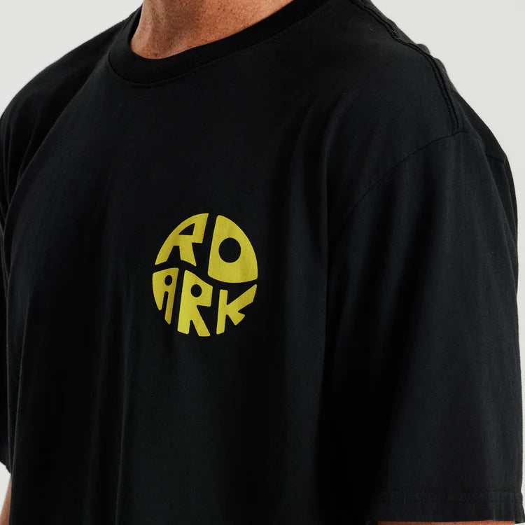 
                      
                        Front design detail on the Black Road Trip Club Premium Tee by Roark
                      
                    